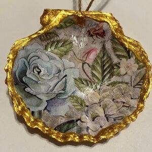 Handcrafted Shell Ornament Floral Blue Rose Gold Decoupage